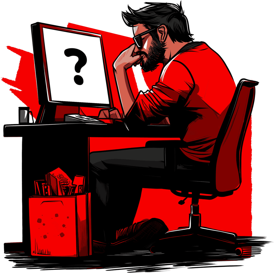 Webmaster sitzt vor einem Computer und fragt sich, ob es ein Black-Friday-Angebot für Cookiebot gibt