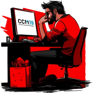 Webmaster sitzt vor einem Computer und fragt sich, ob es ein Black-Friday-Angebot für CCM19 gibt