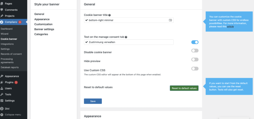 Complianz Cookie Banner Layout