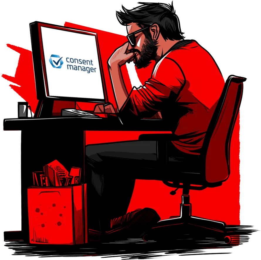 Webmaster sitzt vor einem Computer und fragt sich, ob es ein Black-Friday-Angebot für Consent Manager gibt