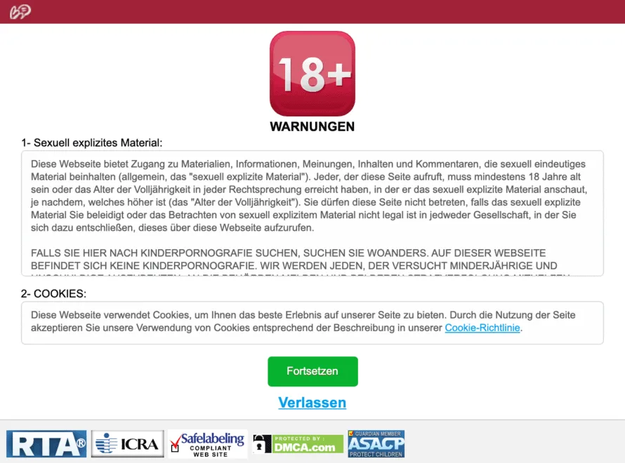 Cookie banner at adult website