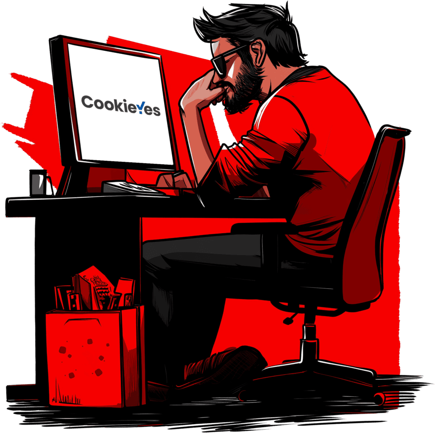 Webmaster sitzt vor einem Computer und fragt sich, ob es ein Black-Friday-Angebot für CookieYes gibt