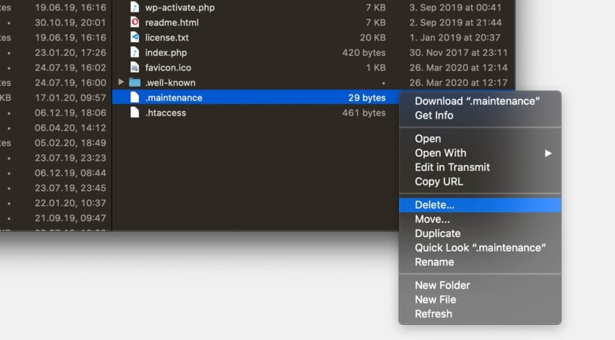Delete .maintenance file in WordPress files