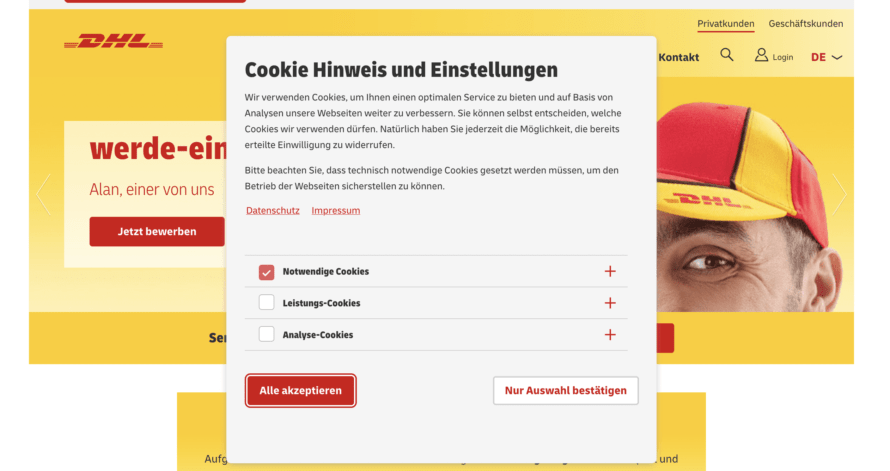 DHL cookie banner