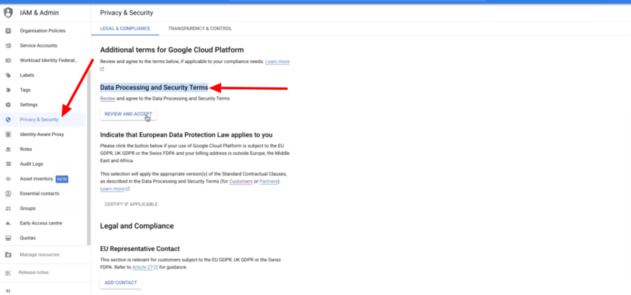 Google Cloud Privacy Settings