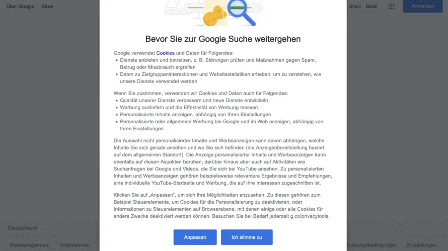 Google cookie banner