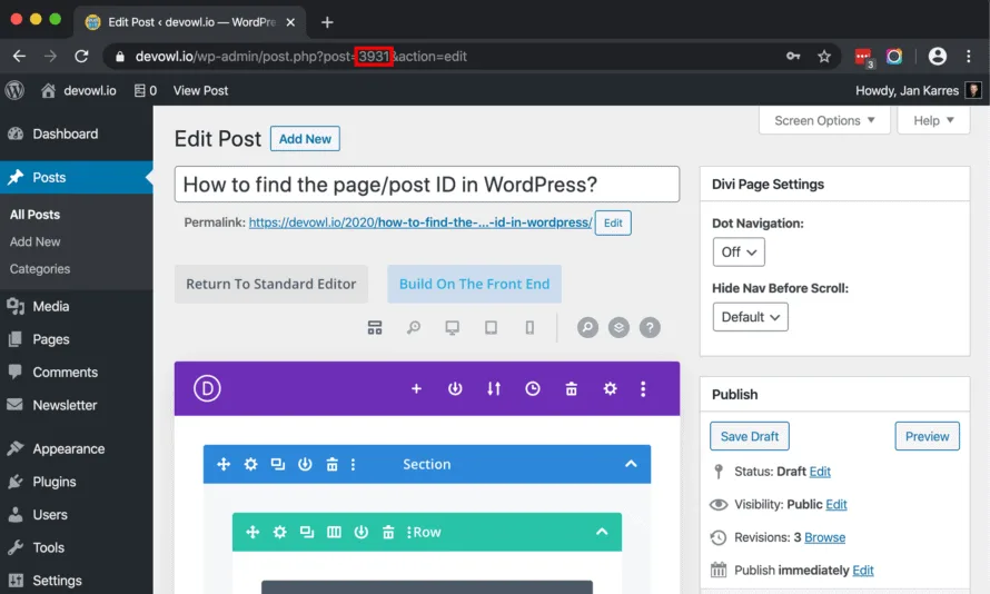 ID of post or page in the address bar of a WordPress website