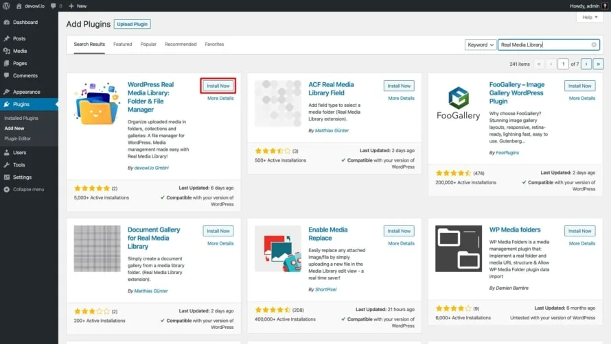 Search for “Real Media Library” and install the plugin in your WordPress backend