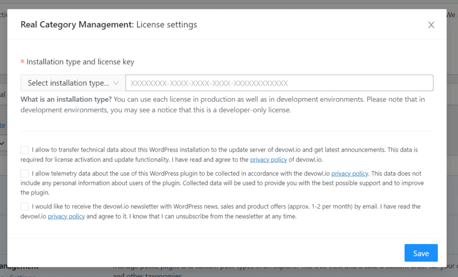 License settings in Real Category Management