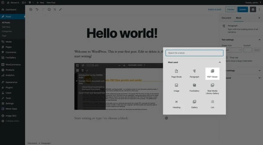 PDF embedding block in Gutenberg WordPress editor