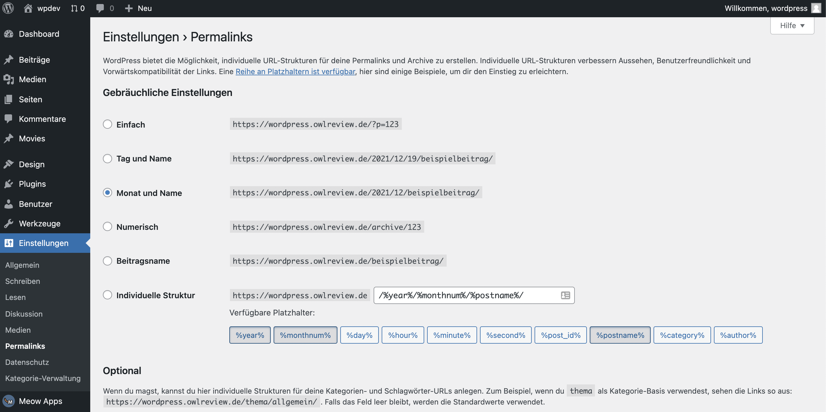 Permalink Settings WordPress