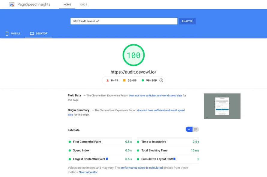 Real Cookie Banner 2.0 bei PageSpeed Insights