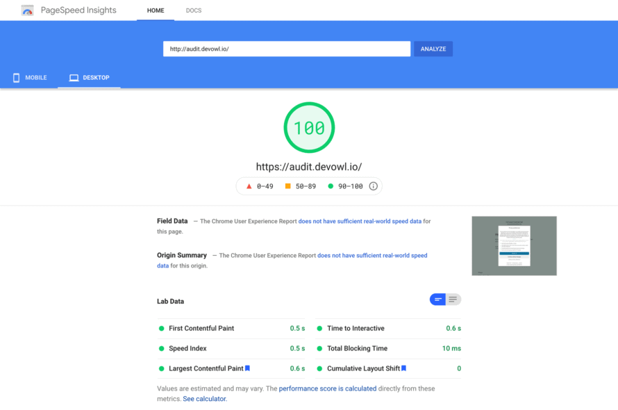 Real Cookie Banner 2.0 at PageSpeed Insights