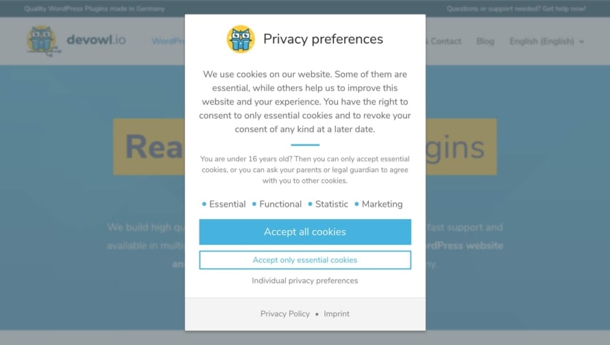 Real Cookie Banner: Cookie dialog at devowl.io