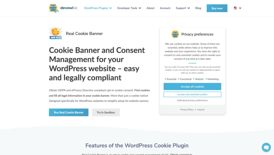 Real Cookie Banner product description on the new devowl.io (2021)
