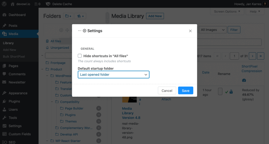 Real Media Library: Continue in last opened folder