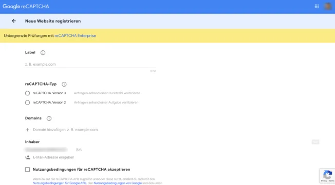 reCAPTCHA Registrierung