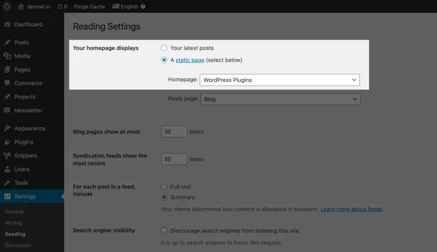 WordPress: Set start page