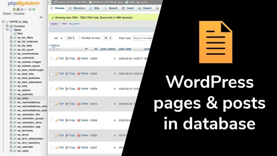 Wordpress pages and posts in database