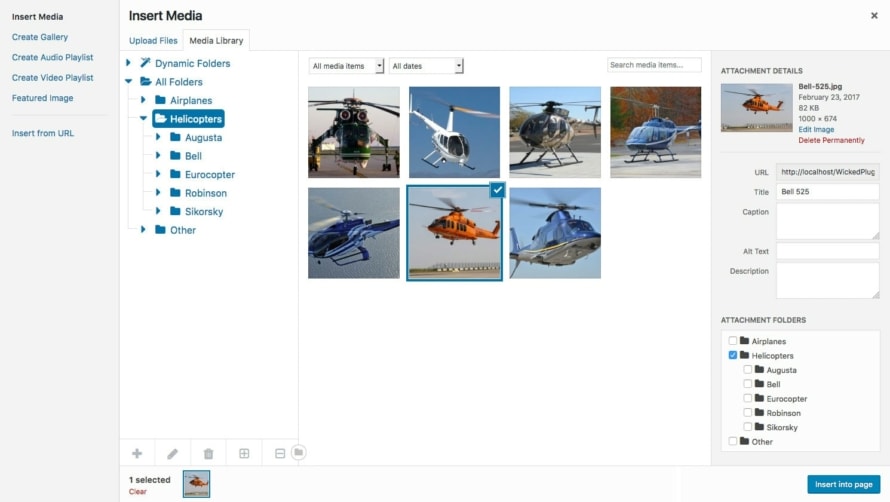 Insert media dialog with folders