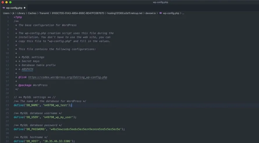 wp-config.php opened in a text editor