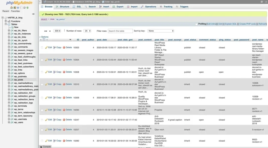 wp_options table opened in phpMyAdmin