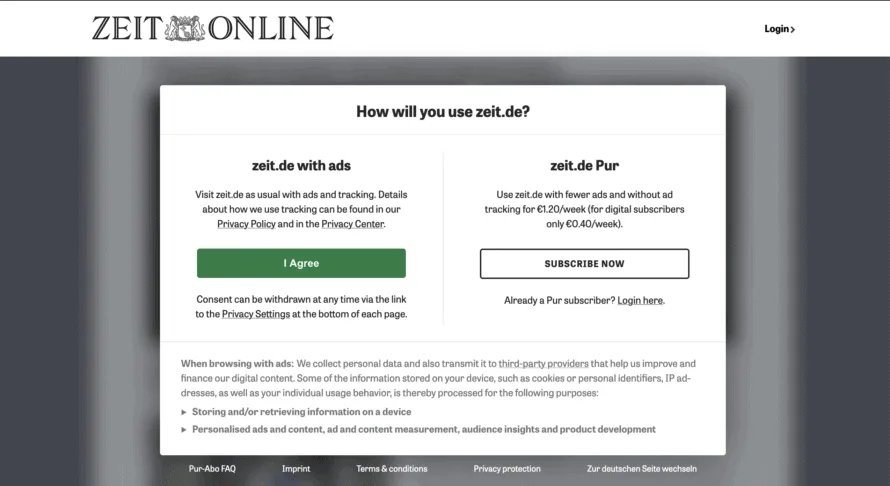 Zeit Online cookie banner