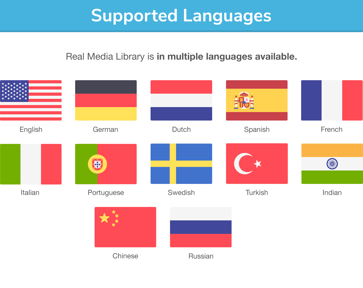 Supported Languages: Real Media Library is in multiple languages available. The plugin is translated into English, German, Dutch, Spanish, French, Indian, Chinese and Russian.