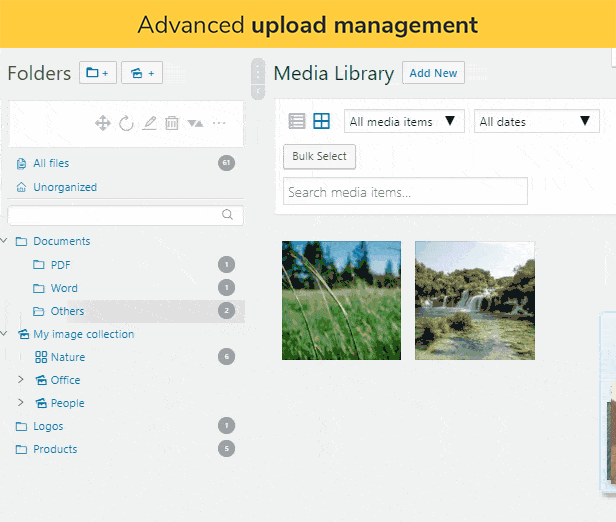 Advanced upload management: On uploading a file, a modal appears, which shows the current status, remaining time of the upload and the upload speed