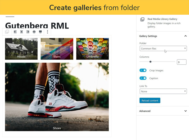 Create galleries from folder: Create a gallery with the images of one gallery folder in the Gutenberg editor