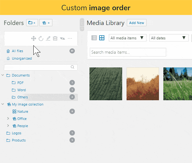 Custom image order: Move files per drag & drop to change their order or use some order function e.g. to oder all files of the folder your are currently in by title ascending