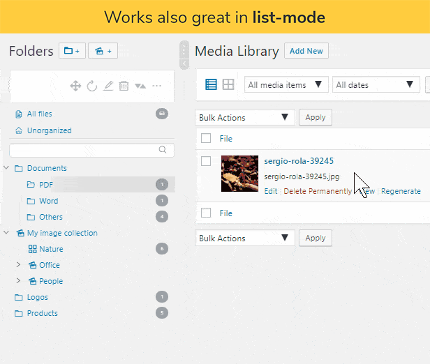 También funciona muy bien en modo de lista: Real Media Library con la biblioteca de medios de WordPress en modo de lista