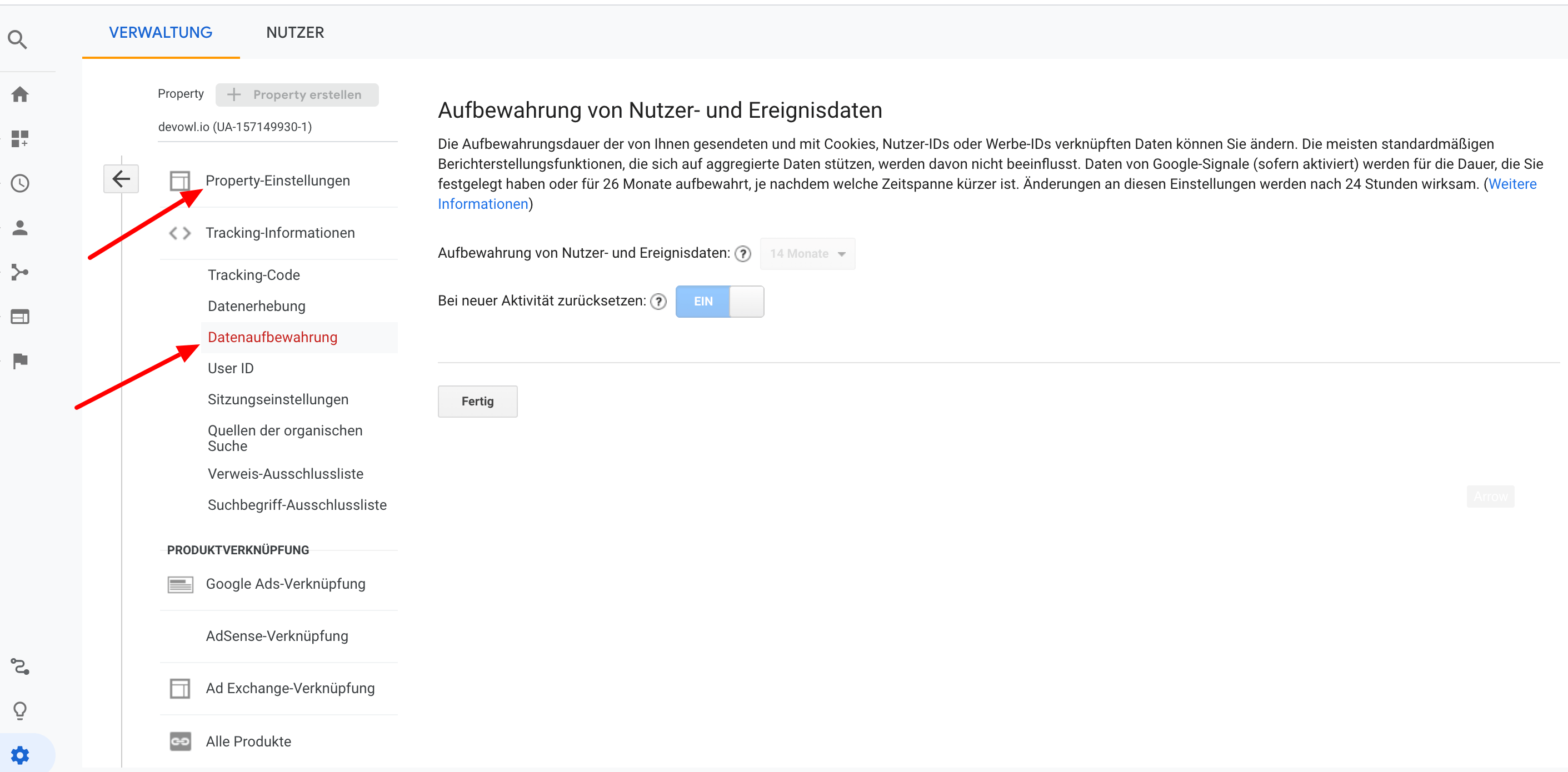 GA Data Retention Settings