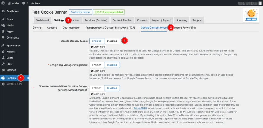 Activate Google Consent Mode in Real Cookie Banner