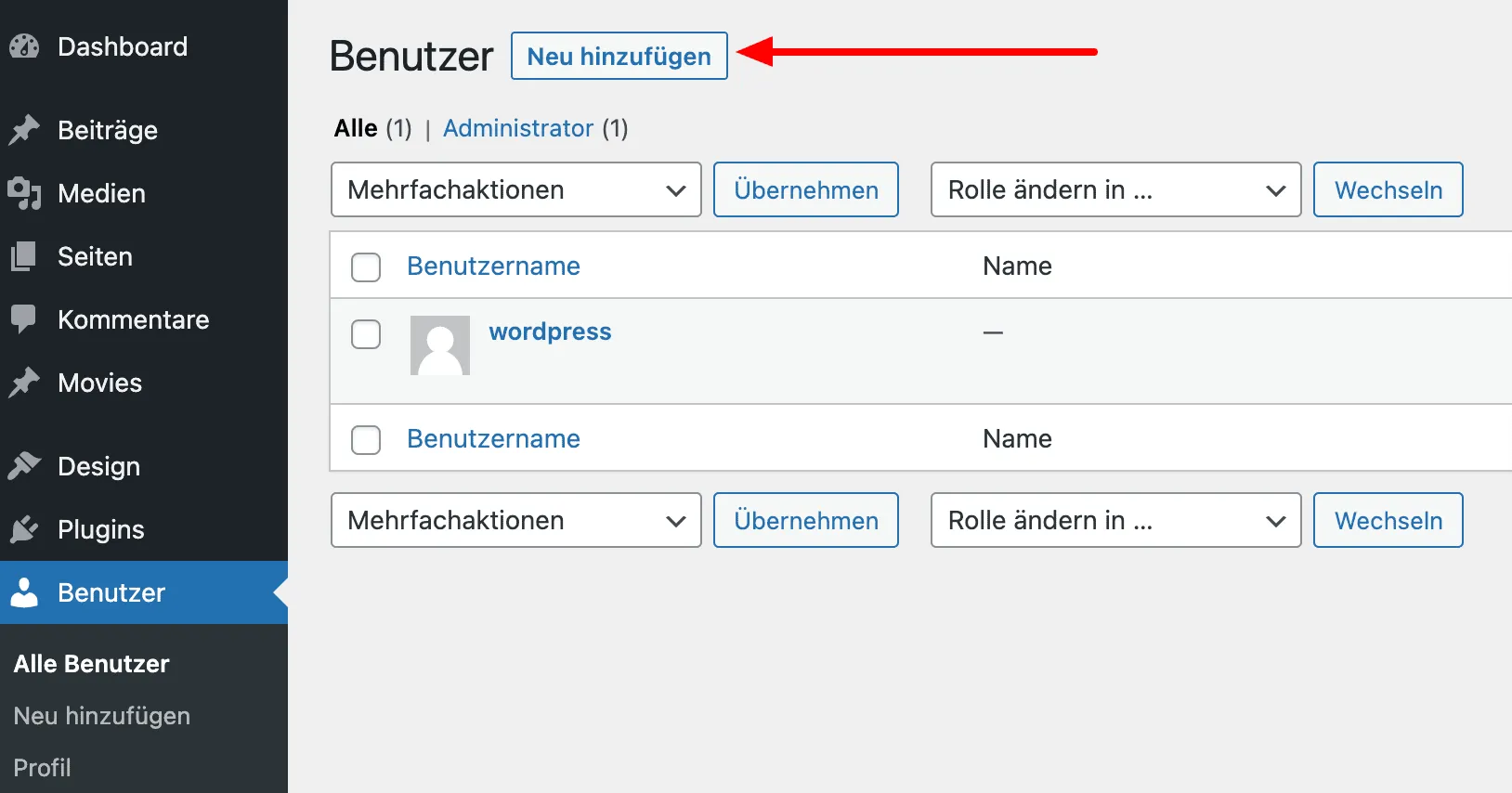 Add New User WordPress Backend