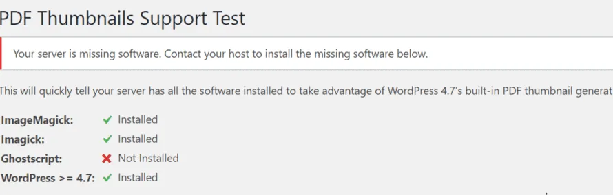 Prüfe WordPress auf die Komponente zur Erzeugung von PDF-Thumbnails
