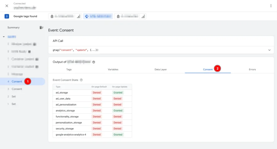 Tab "Consent" in Google Tag Assistent für Google Tag Manager
