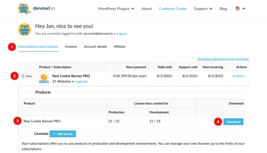 Downloading a WordPress plugin in the devowl.io customer center