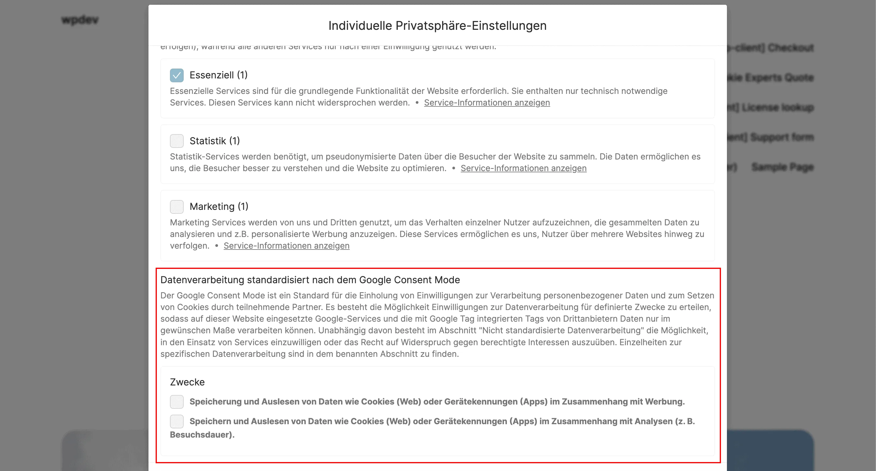 Google Consent Mode in den individuellen Privatsphäre-Einstellungen