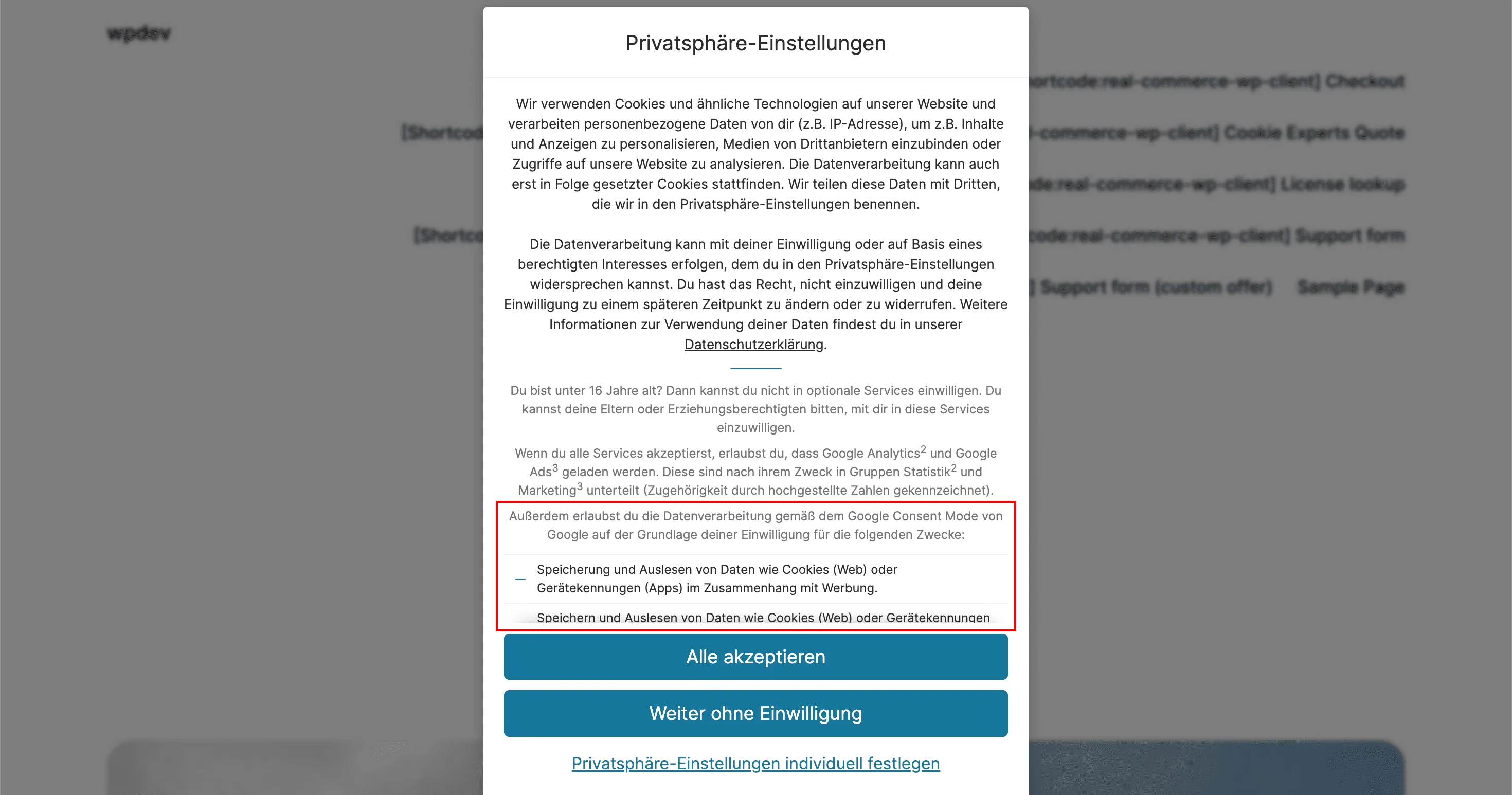 Google Consent Mode in erster Ansicht des Cookie Banners