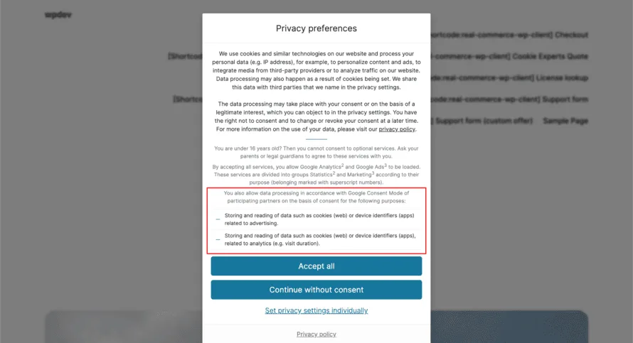 Google Consent Mode in first view of Real Cookie Banner