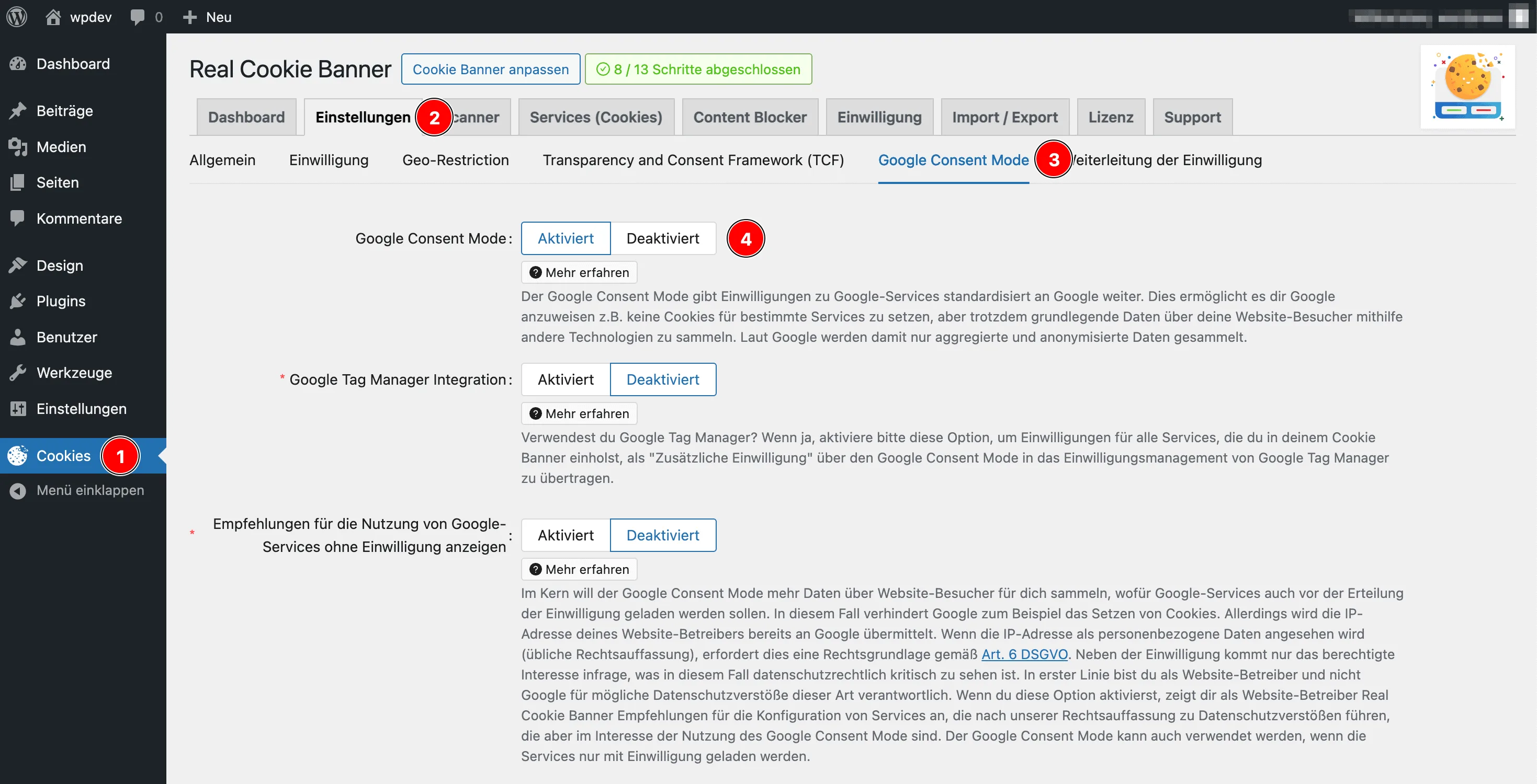 Google Consent Mode in Real Cookie Banner aktivieren