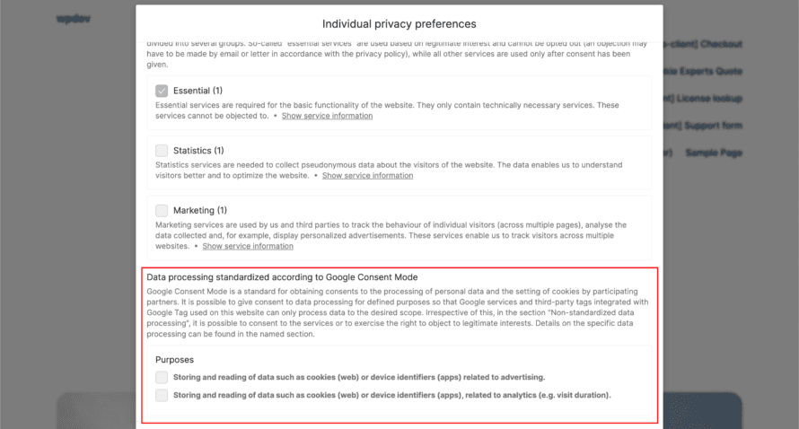 Google Consent Mode in the individual privacy settings
