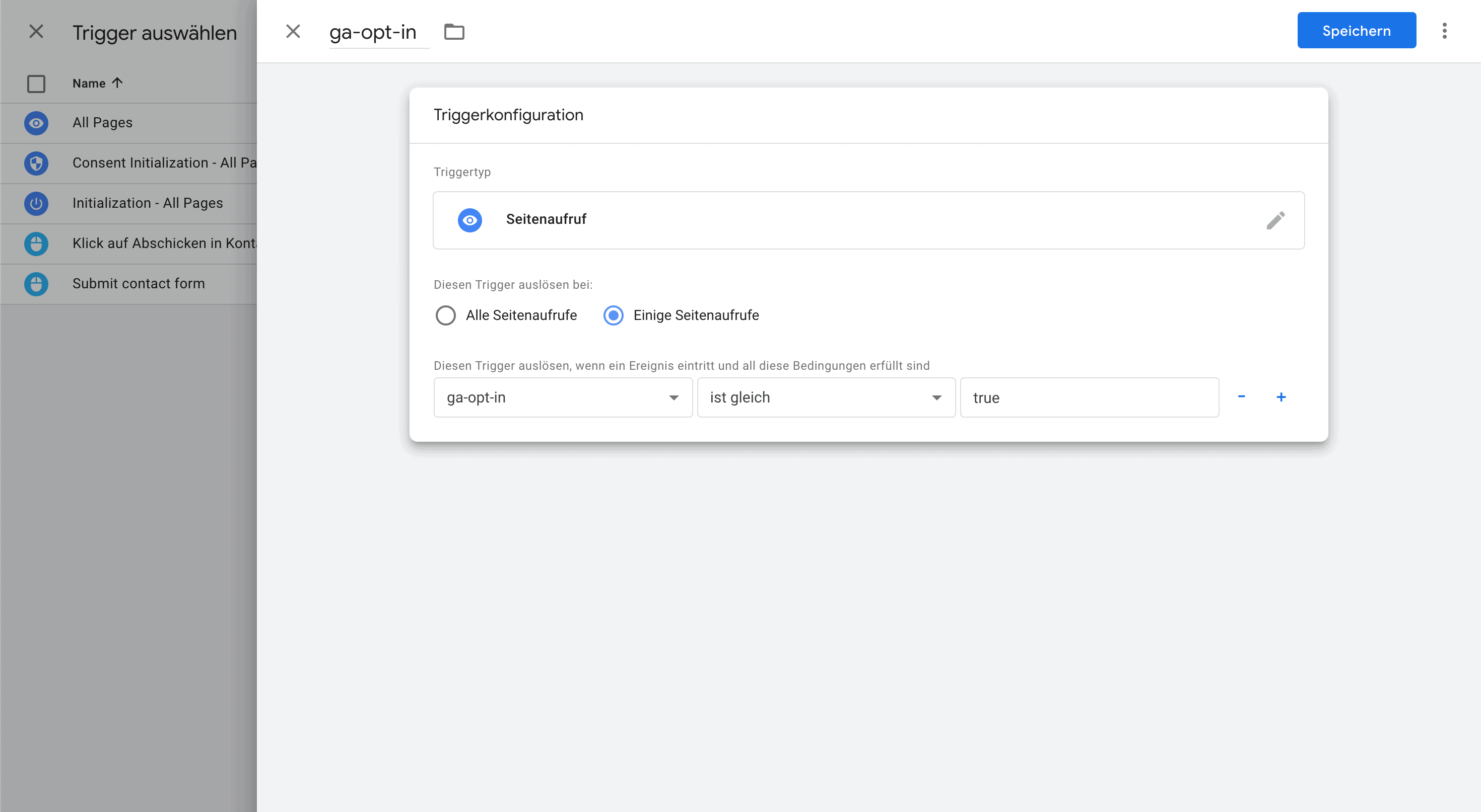 Google Tag Manager: Seitenaufruf auslösen, wenn die Variable ga-opt-in gegeben ist