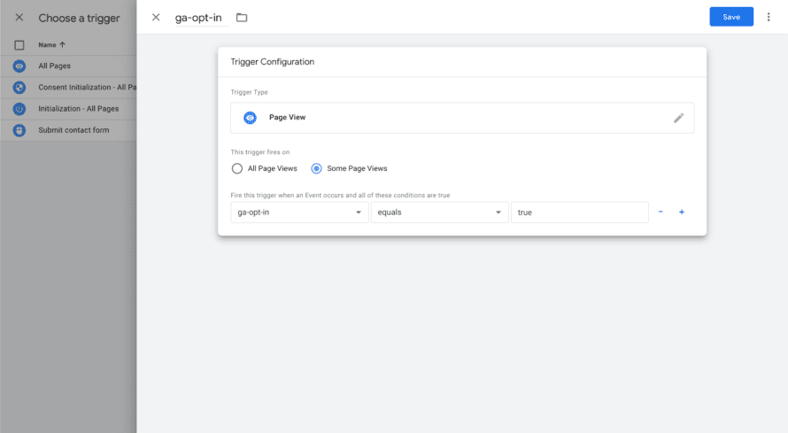 Google Tag Manager: trigger page view on variable ga-opt-in is true