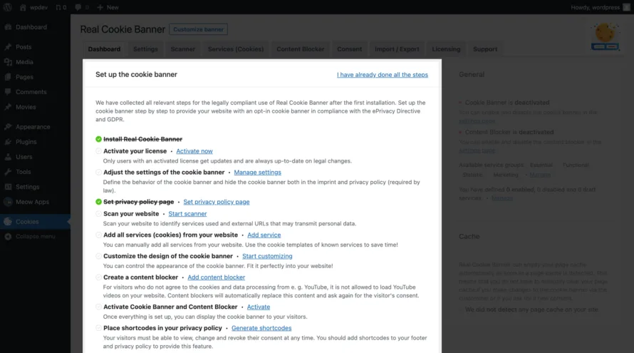 Guided configuration in Real Cookie Banner to set up the cookie banner step by step