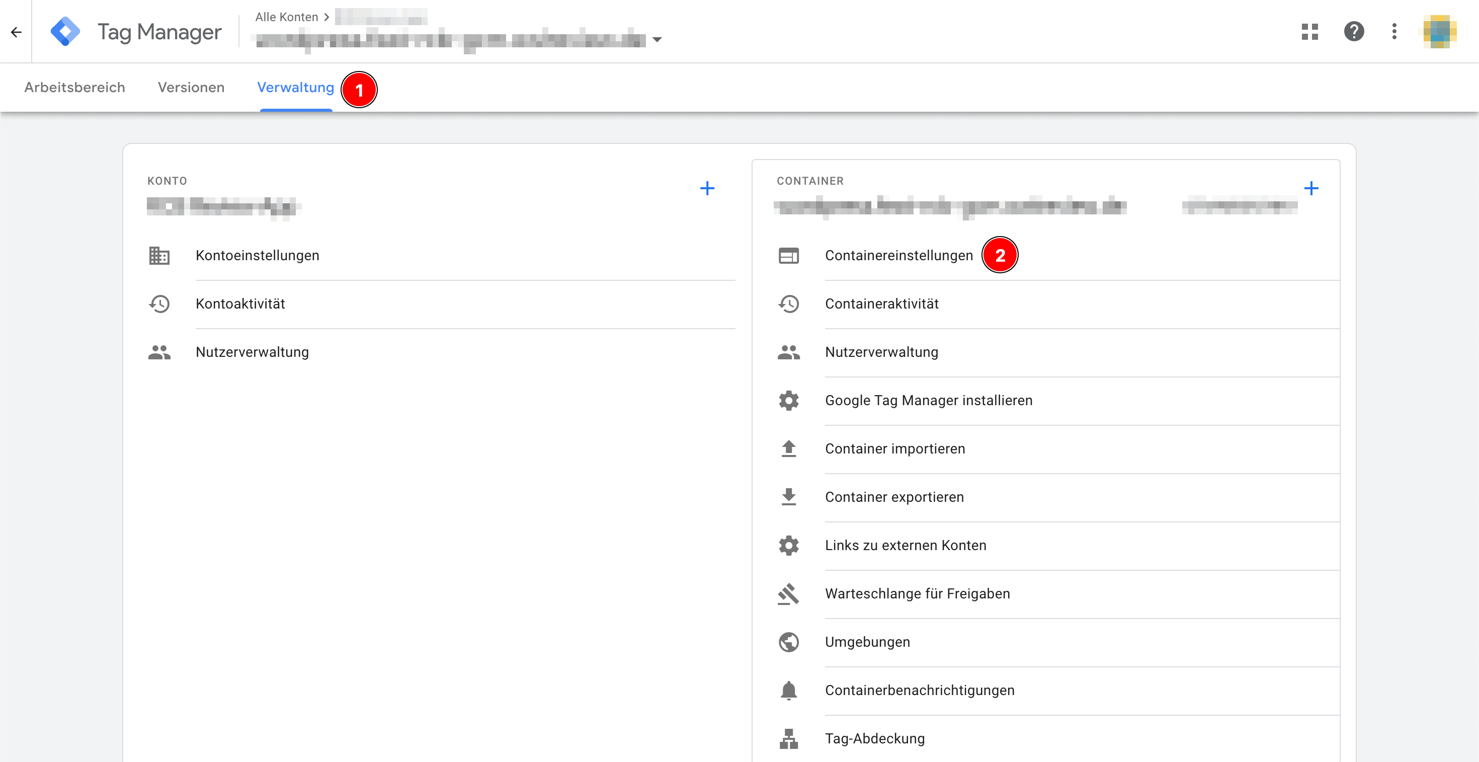 Öffne die Containereinstellungen im Google Tag Manager