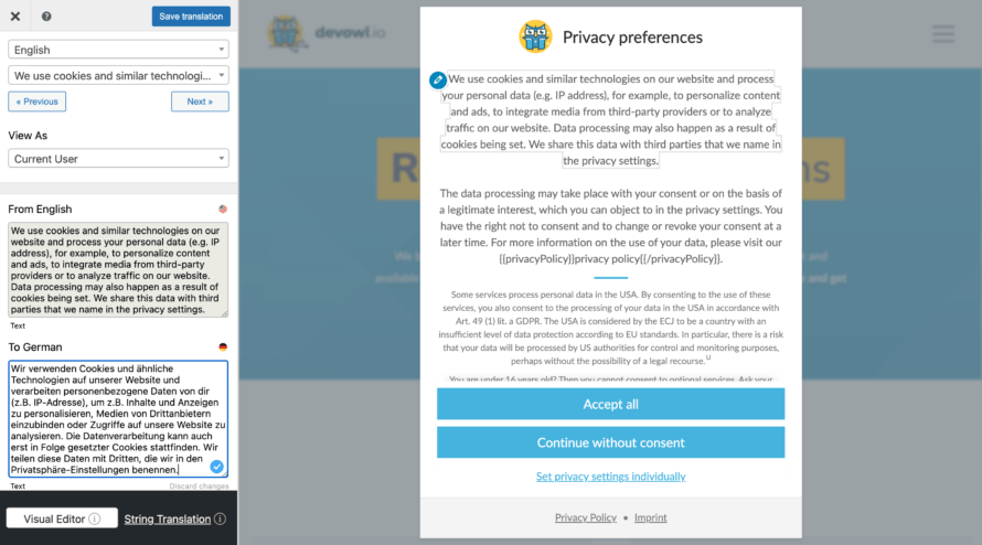 Real Cookie Banner im TranslatePress Translation Editor