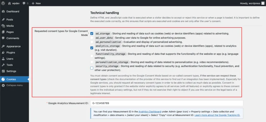 Requested consent types for Google Consent in Real Cookie Banner