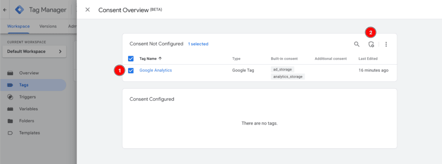 Selection of tags in the consent overview of Google Tag Manager